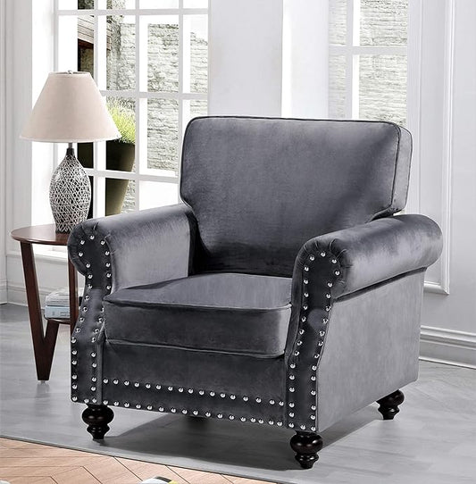Lotus Mid Century Modern Velvet Upholstered Living Room Rolled Arms, Chair, 38", Grey