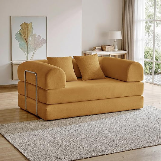 63'' Convertible Compressed Corduroy Folding Sofa Bed, Modern Modular Boneless Pull Out Loveseat Sleeper in a Box, 5 in 1 Floor Mattress Futon Couch, No Assembly Needed, Yellow, 2 Pillows, Queen