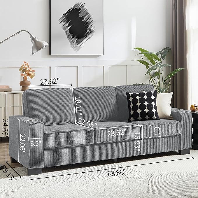 83" Modern Cloud Sofas for Living Room Bedroom, 3 Seat Modular Couch Soft Corduroy Upholstered Loveseat Couches with Cupholders for Home Apartment Office Studio
