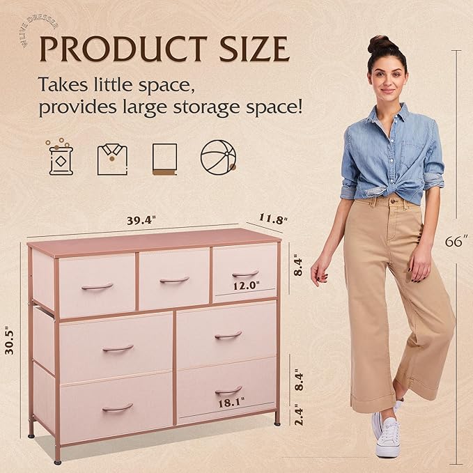 WLIVE 7 Drawer Dresser TV Stand, Entertainment Center, Media Console Table with Metal Frame and Wood Top for TV up to 45 inch, Chest of Drawers for Bedroom, Living Room, Pink - Image 3