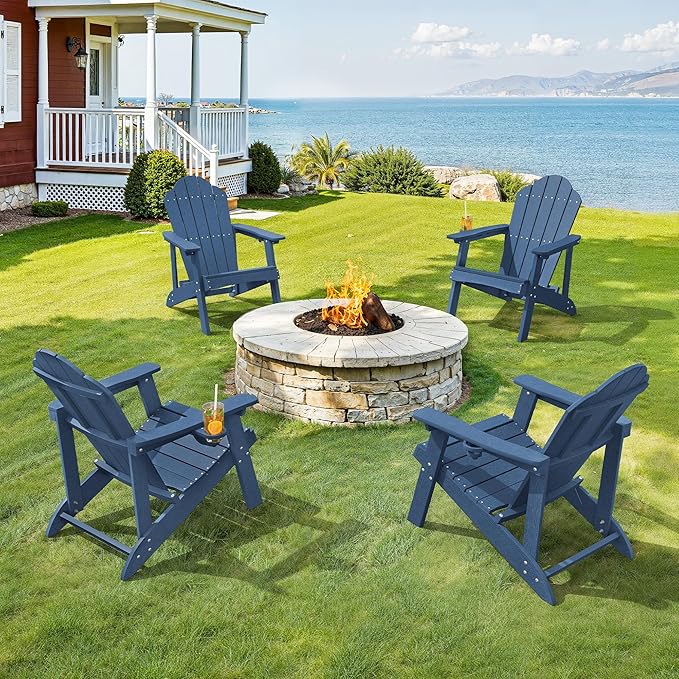 LUE BONA Adirondack Chairs Set of 6 - Weather Resistant Outdoor Seating with Cup Holder, Ideal for Poolside, Deck, Lake House & Outdoor Gathering, Blue by LUEBONA