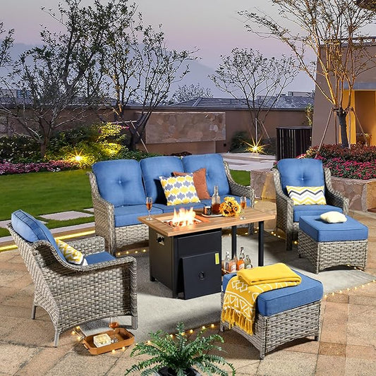 HOOOWOOO 6 Piece Patio Furniture Sets with Fire Pit Table,Outdoor Wicker Furniture Set,All Weather Resistant Outside High Back Rattan Conversation Set for Out Door(Diamond Blue)
