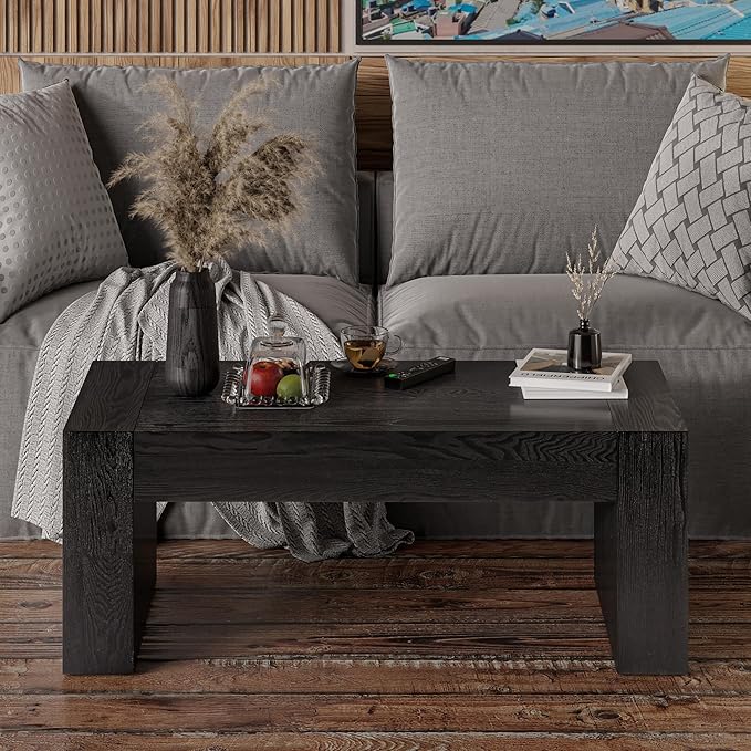COZAYH Modern Black Wood Coffee Table with Thick Block Legs and Natural Wood Grain, Rectangular Large Center Table for Living Room Decor, Office, Farmhouse, Sturdy