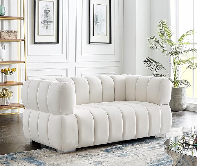 Meridian Furniture 670Cream-L Gwen Collection Modern | Contemporary Velvet Upholstered Loveseat with Deep Biscuit Tufting