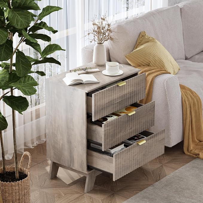 Wodeer Grey Night Stand with 3 Drawers, Bedside Table & End Table, 24" Wide Mid Century Modern Fluted Wood Nightstand with Metal Handles, Farmhouse Night Stands for Bedroom, Gray - Image 3