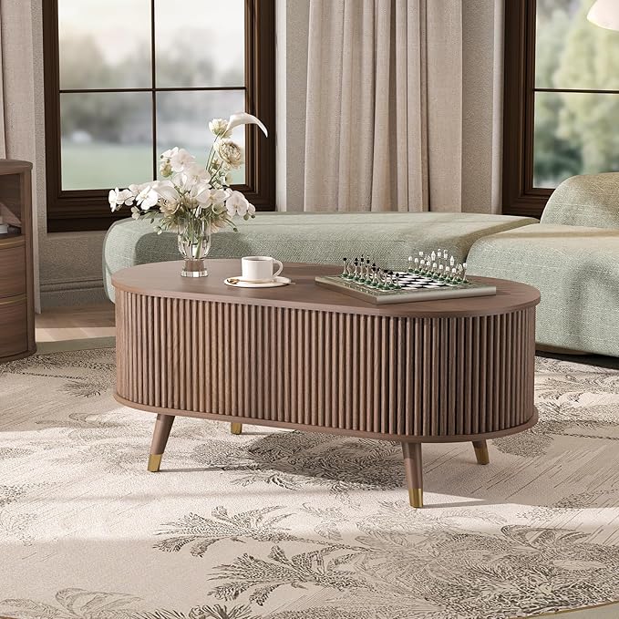 SULIVES Oval Coffee Table with Storage, Multifunctional Lift Top Drum Coffee Table, Small Fluted Center Table for Living Room, Walnut