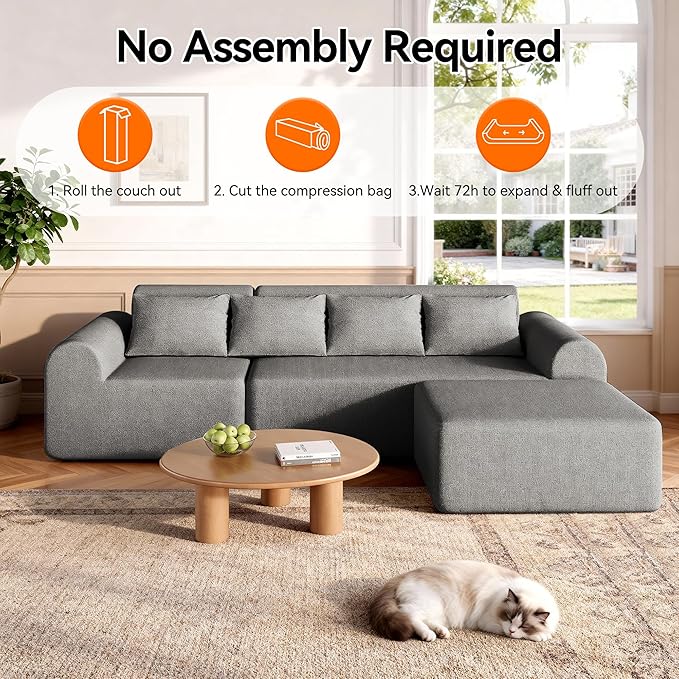 105.5" Cloud Boneless Sectional Sofa with Ottoman & 4 Pillows, L-Shaped 4-Seater Modular Couch for Living Room, Ultra Deep Seat Chenille Fabric Sofa, No Assembly Required, Light Grey