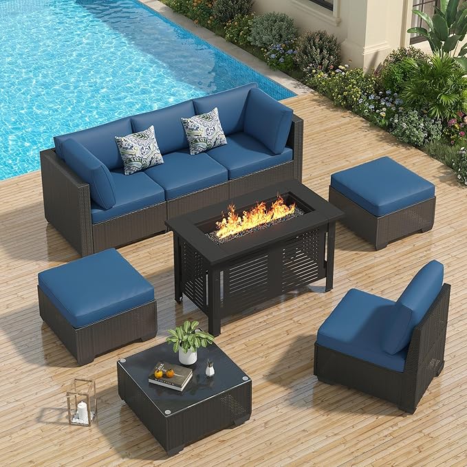 U-MAX 7 Piece Outdoor Patio Furniture Set with Extra 43 Inch Fire Pit Table, PE Rattan Wicker Sofa Set, Outdoor Sectional Furniture Chair Set with Tea Table, Black Rattan&Dark Blue Cushion