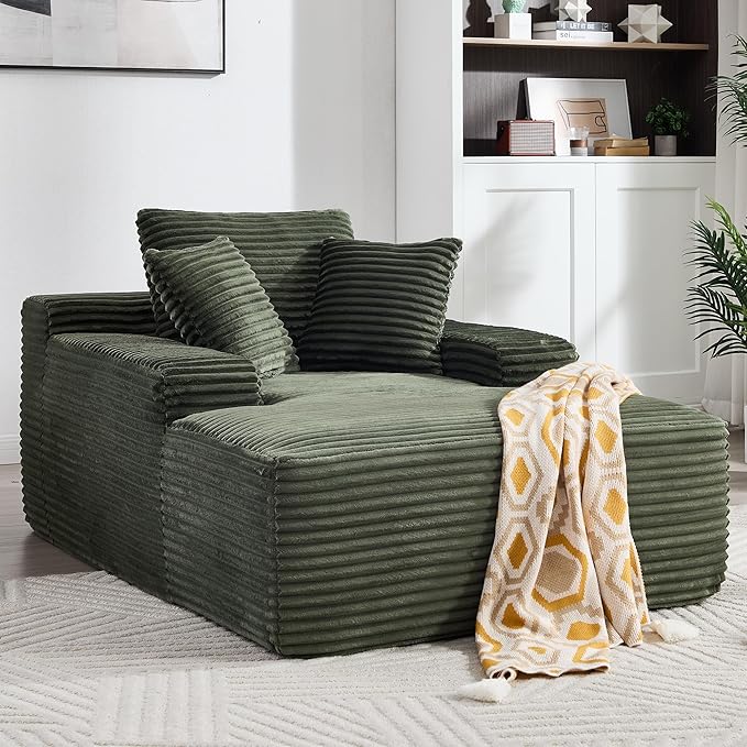 KEIKI 67" Corduroy Chaise Lounge Chair Sofa Bed with 9.9'' Wide Armrests, Oversized Sleeper Sofa, Deep Seat Lounge, Three Pillows, Convertible, No Assembly Required for Living Room, Green