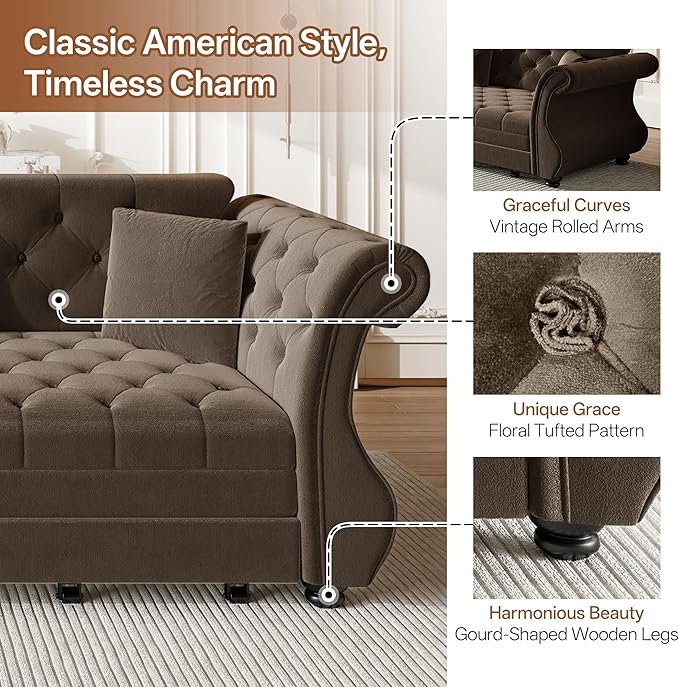 Eafurn Oversized 4-Seater Chesterfield Loveseat Convertible King Size Sleeper Couch Bed,Classic Tufted Velvet Pull Out Loveseat Sofa Bed with Roll Armrest and Solid Wood Legs