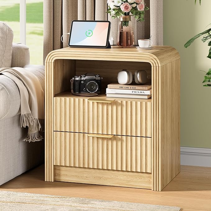 Decofy Fluted Nightstand with Charging Station, 19.7'' Wide Morden End Table with USB/Type-C Ports, 2 Drawers & Open Shelf, Curved Profile Design, Wood Bedside Table for Bedroom (Natural Oak) - Image 8