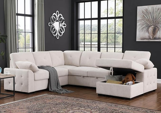 ERYE U-Shaped Pull Out Sleeper Couch Bed, Modern Chenille Upholstered Button Tufted Corner Couch Right Facing Sectional Sleeper Sofa Bed W/Storage Chaise and 2 Pillows