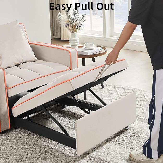 3 in 1 Convertible Sleeper Sofa Chair, 35" Pull Out Sofa Bed Recliner for Adult with Adjustable Backrest, Velvet Fabric Sleeper Couch Single Modern Chair for Living Room Bedroom, Cream White