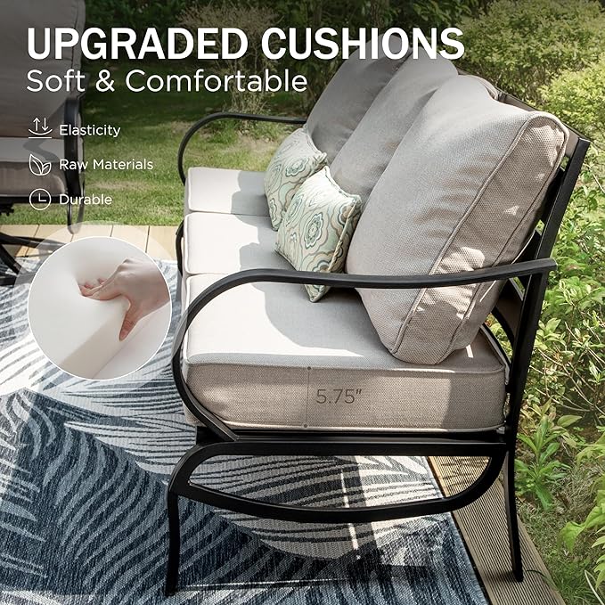 PHI VILLA 4 Piece Patio Furniture Set with 1 x 3 Seater Padded Deep Seating Bench, 2 x Swivel Cushioned Armrest Sofa Chairs and 1 x Coffee Table, Metal Outdoor Furniture Set for 5