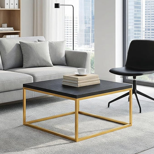 CENSI 30" Square Coffee Table, Black Oak & Gold Living Room Center Table, Modern Industrial Glam Style, Extra Thick 1.2" Wood Top, Sturdy Metal Frame, Luxury Cocktail Table, Easy Assembly