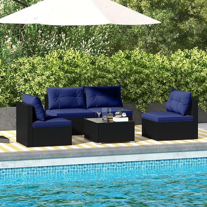 Tangkula 5 Piece Rattan Sofa Set, Outdoor Wicker Furniture Set w/Seat & Back Cushions, Square Coffee Table, Patio Sectional Sofa Set for Backyard, Poolside, Garden (Navy)