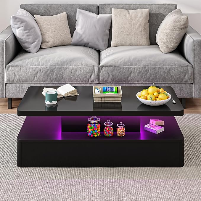 40" Modern Living Room Tables, LED Coffee Table with LED Lights, 2 Tier Rectangular Center Table with Large Storage, High Glossy Surface, Tea Table for Living Room, Black