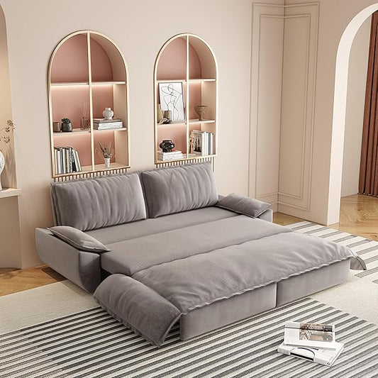 3-in-1 Convertible Sofa Bed Queen Size Pull Out Sleeper Sofa with Heavy Duty Metal Frame, Luxurious Velvet Upholstered Loveseat with 2 Pillows, Modern Folding Guest Bed for Living Room, Apartment