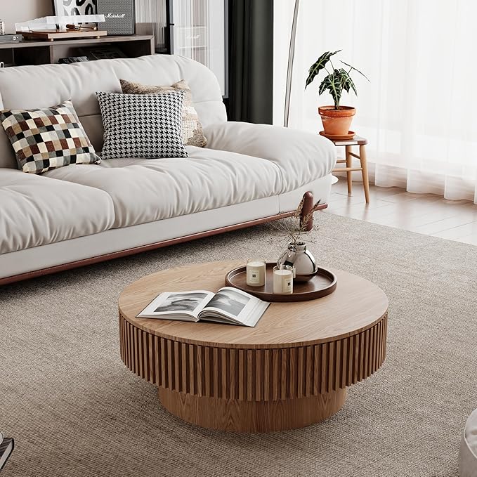 φ31.5 Round Coffee Table with Storage, Wood Veneered Pedestal End Table for Living Room, Modern Contemporary Circle Fluted Drum Side Table for Small Space - ø31.5" x 14"H Oak