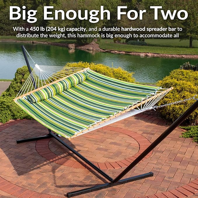 Sunnydaze Quilted Double Hammock for Outside with Spreader Bars and Pillow - 450 lb Capacity, 74x55 Inch Bed, UV Resistant, Quick Dry - Chains Included, Stand Sold Separately - Melon Stripe - Image 6