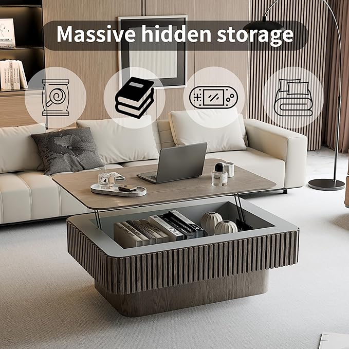 Gray Coffee Table with Lifting Top with Storage for Living Room,Fluted Lift Top Coffee Tables with Solid Wood Center Table 38.6'' Modern Smart Rectangular Lift Up Tabletop for Apartment Office