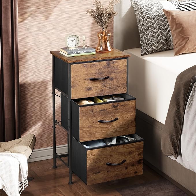 WLIVE Dresser with 3 Drawers, Fabric Nightstand, Organizer Storage Dresser for Bedroom, Hallway, Entryway, Closets, Sturdy Steel Frame, Wood Top, Easy Pull Handle, Rustic Brown Wood Grain Print - Image 2