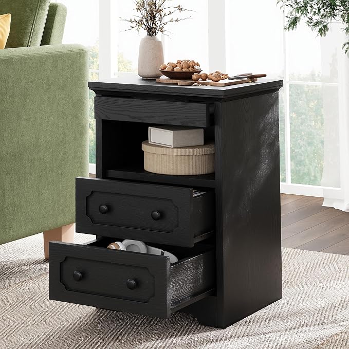 LIKIMIO Night Stand, Modern Bedside Table with 2 Drawers, Open Shelf, End Table with Pull-Out Tray, Wood SideTable, Black - Image 7