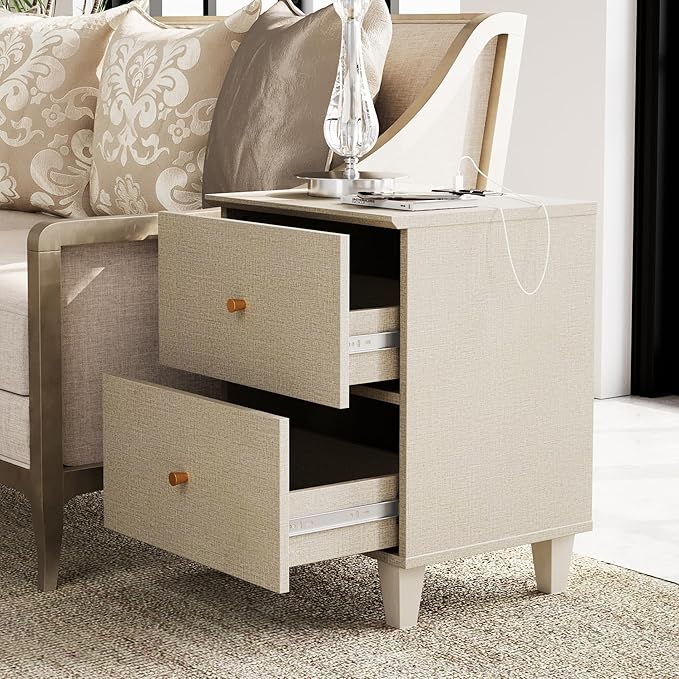 WAMPAT Dresser and Nightstand Set of 2, 47.2 Inches Wood Dresser with 6 Drawers, 1 Piece Nightstand with Drawers and Charging Station, Bedroom Furniture Set, Beige