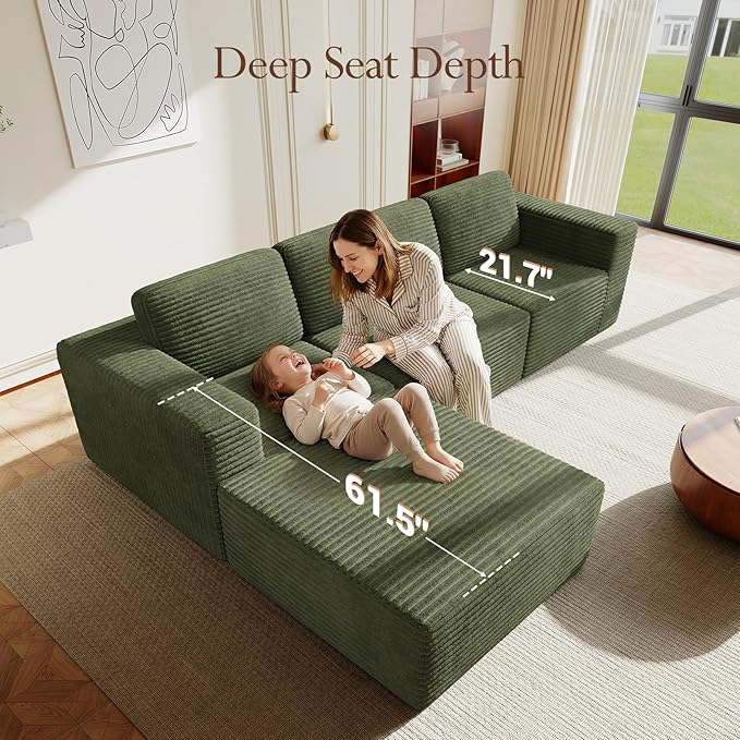 Vesgantti 119" L-Shaped Modular Sectional Sofa, Corduroy Cloud Couch with Deep Seating & Spring Support, Flexible Layout Sofa with Ottoman, Boneless Style, No Assembly Required, Green