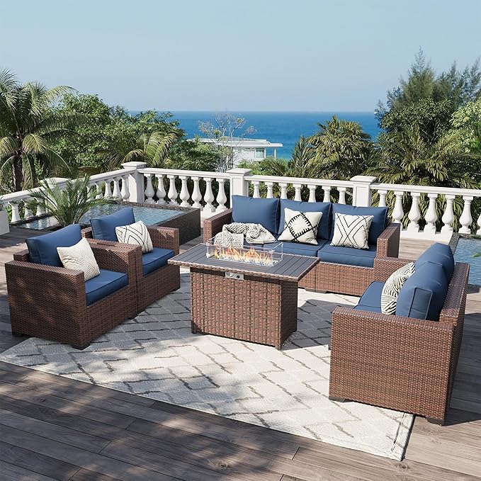 Patio Furniture Set with Fire Pit Table, 5 Pieces Outdoor Furniture Sets, Wicker Patio Conversation Sets w/Waterproof Covers for Backyard, Porch, Balcony, Poolside(Navy Blue)