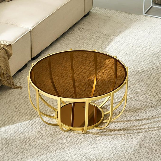 Saint Mossi Glass Round Coffee Table for Living Room, Modern 2-Tier Gold Drum Center Table, Brown Glass Top, Brown Mirror Shelf and Gold Frame, W30xH16.5