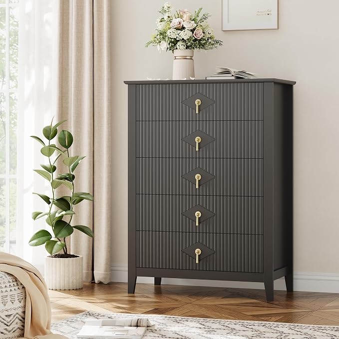 GarveeHome Fluted Dresser for Bedroom, 42.9" Tall 5-Drawer Wood Dresser, Modern Chest of Drawers, Storage Organizer Cabinet for Living Room, Hallway, Entryway, Black - Image 8