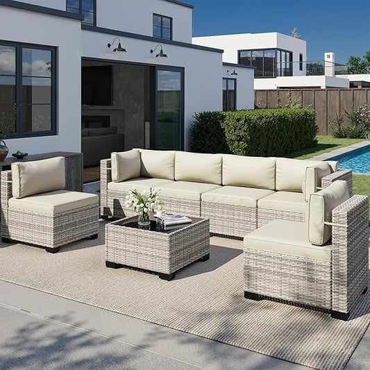 7-Piece Outdoor Patio Furniture Set, PE Wicker Rattan Sectional Sofa Conversation Set with Tempered Glass Table & Thick Cushions - All-Weather Garden, Backyard Furniture, White