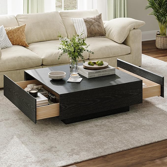 POVISON Modern Square Coffee Table with Drawers, 39.37" Wood Coffee Table for Living Room Home Office, Fully-Assembled Black