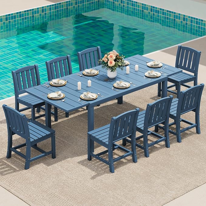 SERWALL 9-Piece Outdoor Dining Set, 60" - 83" Expandable Outdoor Dining Table and 8 HDPE Chairs, All Weather HDPE Outdoor Furniture Set for Backyard, Garden, Blue by SERWALL