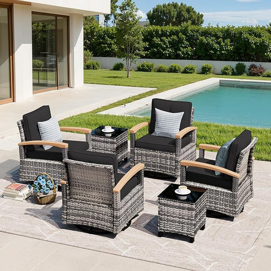MEISSALIVVE 6 Pieces Patio Furniture Sets, Wicker Patio Conversation Sets with 4 Wood Armrests Swivel Glide Chairs，Outdoor Conversation Set for Deck Yard and Poolside (Black)