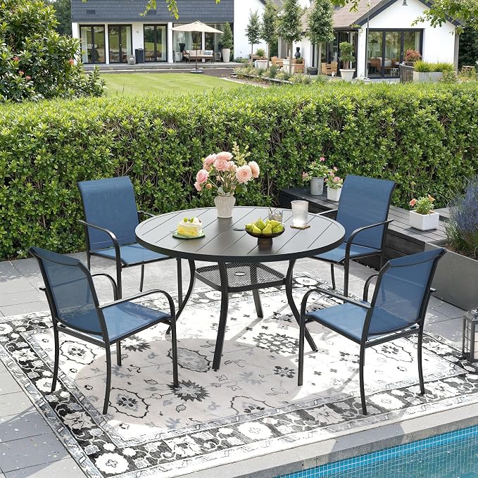 DIFY Outdoor Dining Set for 4, Patio Dining Furniture Set Includes 42" Black Round Table with Adjustable Umbrella Hole and 4 Blue Stackable Metal Chairs for Poolside, Garden, Backyard by DIFY