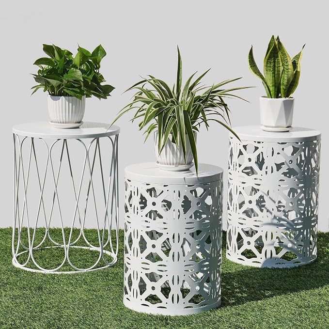 Y&M Set of 3 Stacking Coffee Table for Living Room, Round Metal Coffee Table, Indoor End Tables, Outdoor Garden Stool with Heavy Duty Metal Frame Modern Industrial Decor - Pure White (Ship from US) by YM