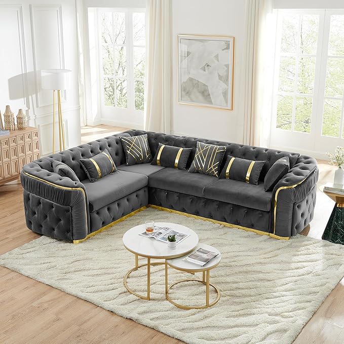 KEIKI 111" L-Shaped Luxury Velvet Chesterfield Sectional Sofa with Gold Stainless Steel Accents and 7 Pillows, Mid-Century Oversized 5-Seater Button Tufted Couch, Easy Assembly, for Living Room, Grey