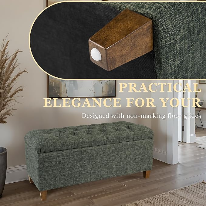 Homepop Home Decor Tufted Ainsley Button Storage Ottoman Bench with Hinged Lid Ottoman Bench with Storage for Living Room & Bedroom, Green Clover Fabric - Image 5