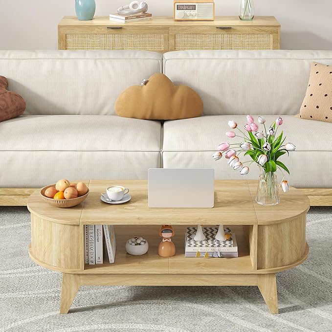 46.45'' Oval Coffee Tables for Living Room, Mid Century Modern Coffee Table with Storage, Wood Fluted Accent Center Table with Flip-Top Lids for Home,Office (Wood Color)