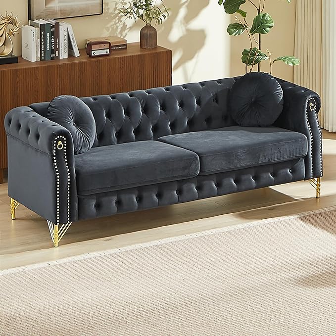 ERYE 82-Inch Button Tufted Sofa Couch with 2 Round Pillows, 3 Seat Velvet Tufted Sofa Spacious Chesterfield Loveseat Couches W/Nailhead Decor,Ring Accent & Golden Legs
