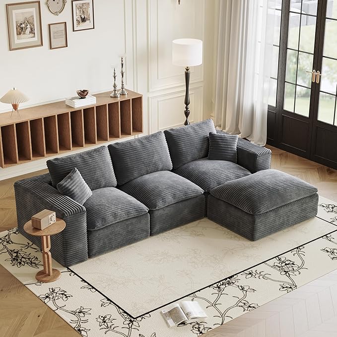 Ball & Cast 108" Cloud Sectional Couches for Living Room,Convertible L Shaped Couch with Deap Seat & Movable Ottoman,3 Seater Modular Sectional Sofa,Free Combination,No Assembly Required,Grey