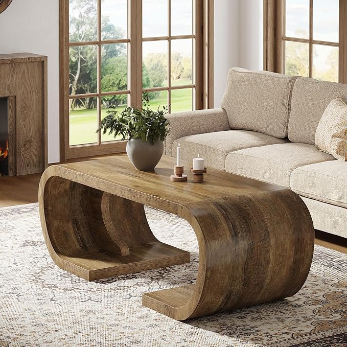 Tribesigns Farmhouse Coffee Table, 47" Heavy Duty C-Shaped Center Table with Curved Base, Large Tea Table for Living Room, Entertainment Room, Home Office, Rustic Brown