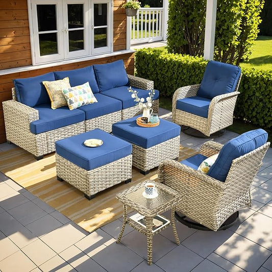 ovios 8 Piece Patio Sectional Furniture with Swivel Rocking Chairs, Rattan Wicker Coversation Set with Glowing Coffee Table, Outdoor Sofa Set for Outside Porch Balcony Backyard Pool, Navy Blue