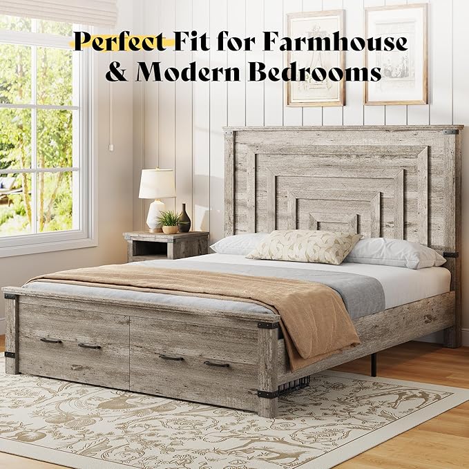 AMERLIFE 5 Pieces Farmhouse Bedroom Set, Includes Rustic Queen Bed Frame with 54" Tall Headboard, 6 Drawer Dresser, 5 Drawer Tall Chest, Nightstands Set of 2 with Charging Station, Rustic Grey
