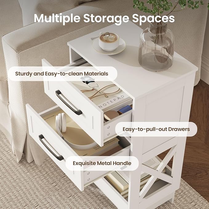 Tall Nightstand Set of 2 Side Table with 2 Drawers Modern Night Stand Wooden End Table Bedside Table with Below Open Shelf Solid Feet for Bedroom White - Image 4