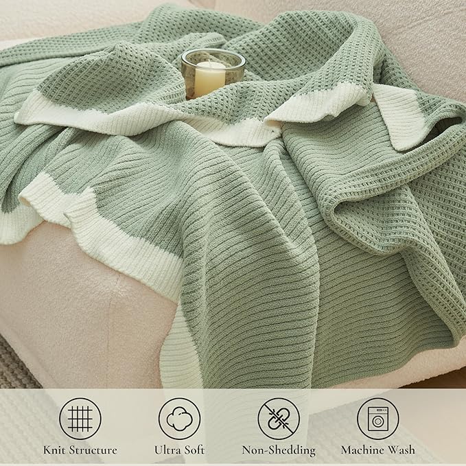 Amélie Home Chenille Throw Blanket, Soft Cozy Waffle Throw for Couch & Sofa, Warm Yet Lightweight, Breathable All-Season Throws for Women Men, Housewarming, Birthdays, 50"x60", Green