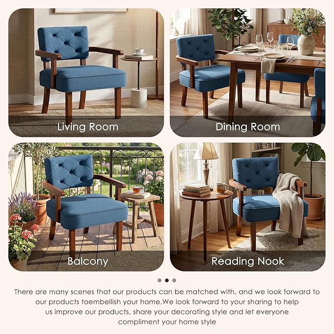 Modern Accent Chairs Set of 2,Butacas para Sala,Mid Century Small Arm Chair,Upholstered Wooden Chairs with Arm Rest,Tufted Backrest,Cushion, for Office,Waiting/Reading/Living Room, Navy Blue