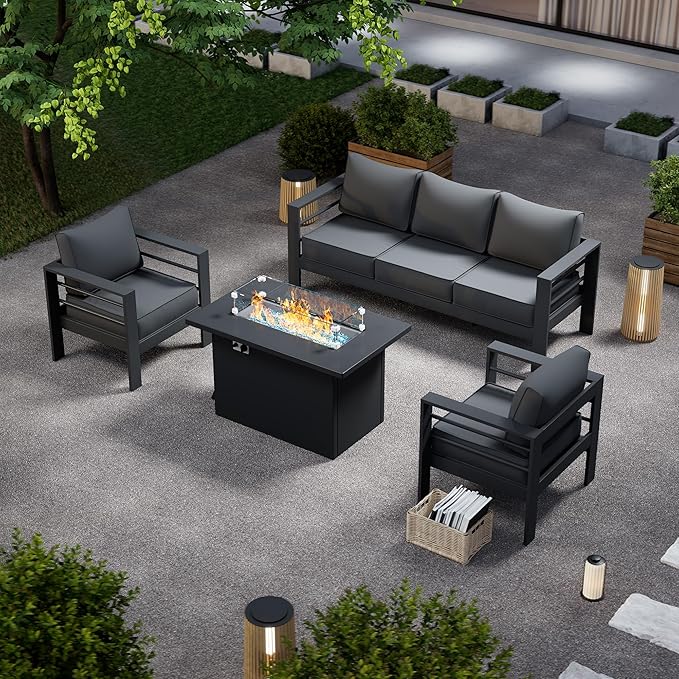 Patio Furniture Set with Fire Pit Table, Aluminum Patio Furniture Set,Grey Outdoor Metal Sectional Sofa with Aluminum Fire Pit Table for Garden Backyard (Include Waterproof Cover)